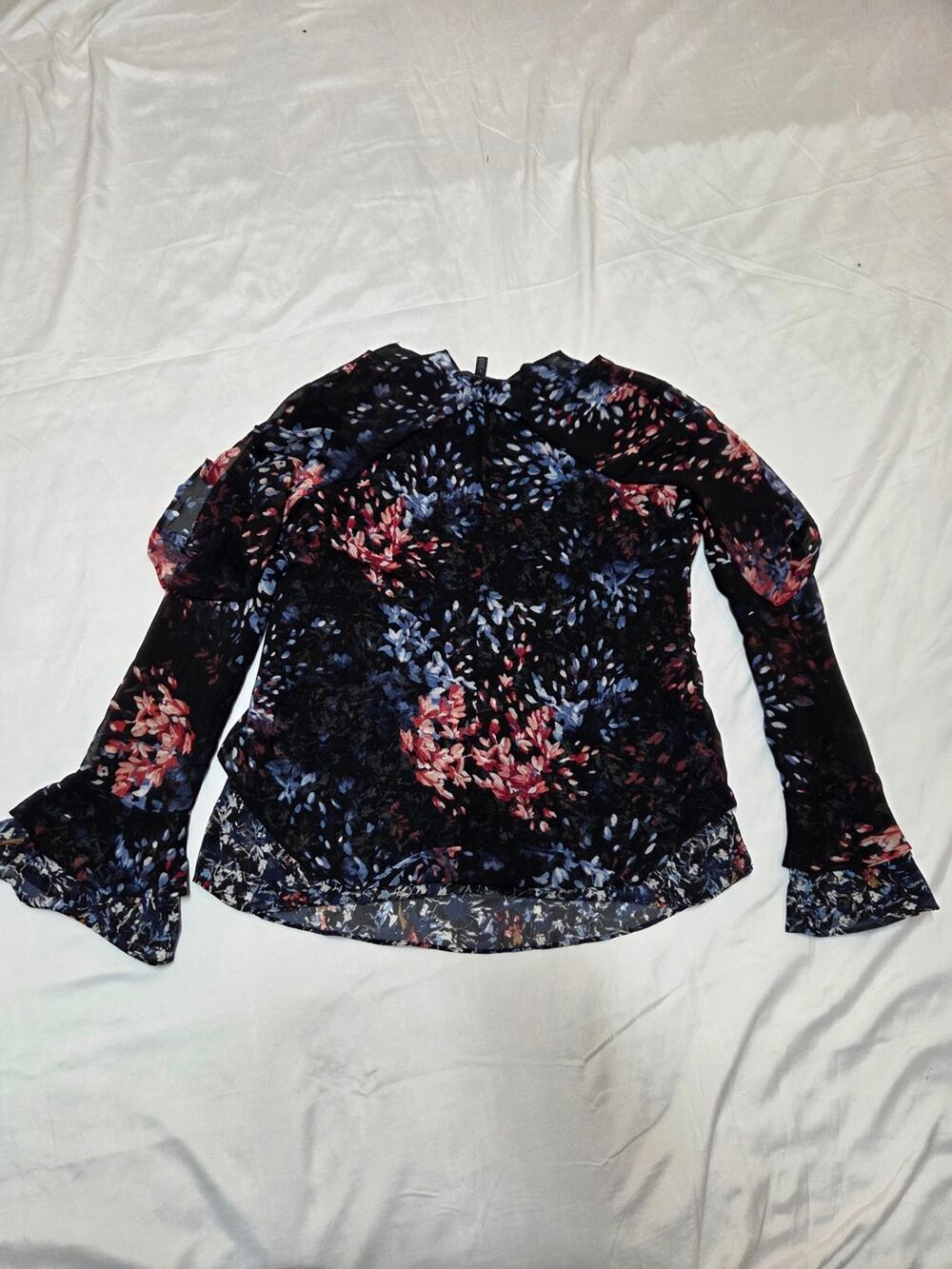 White House Black Market Navy Floral Velvet Blouse with Pink & Blue Accents